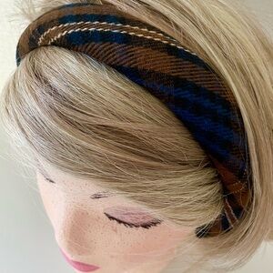 Plaid Woven Fabric covered Padded Ladies Teen Headband, Blue & Brown, NW…
